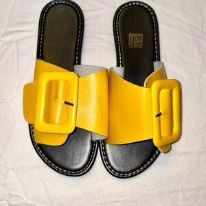 Shein yellow slide sandals with large buckle decoration